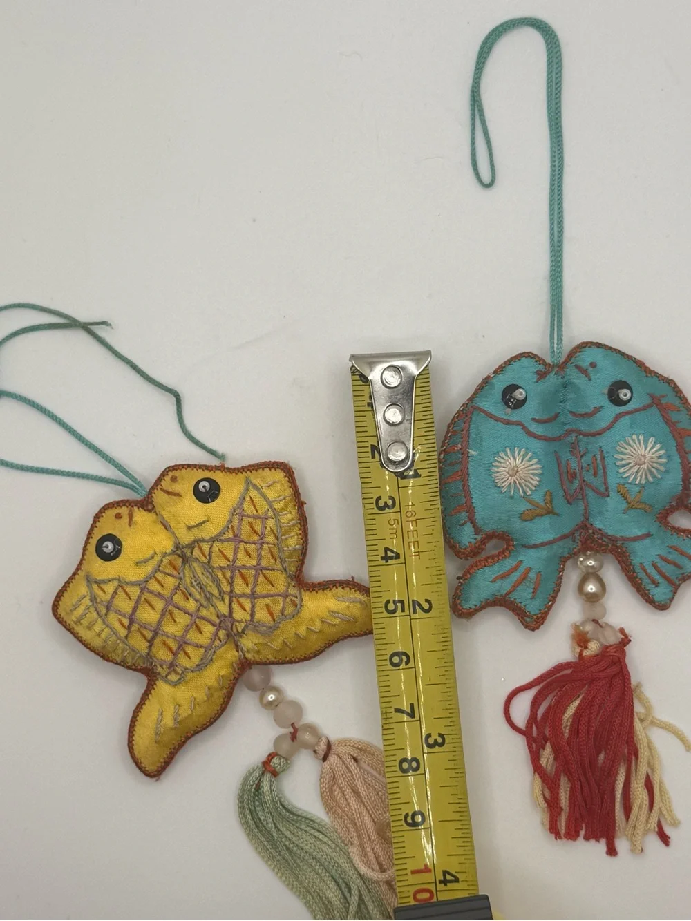 Vintage Asian silk Fish Tassel ORNAMENTS Pair Koi Goldfish Embroidered Decor